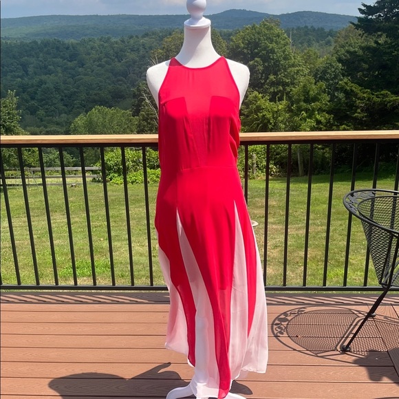 Express Red Sheer Overlay Maxi Dress Size 8 Y2K Coastal Glam Resortwear boho - Picture 1 of 11